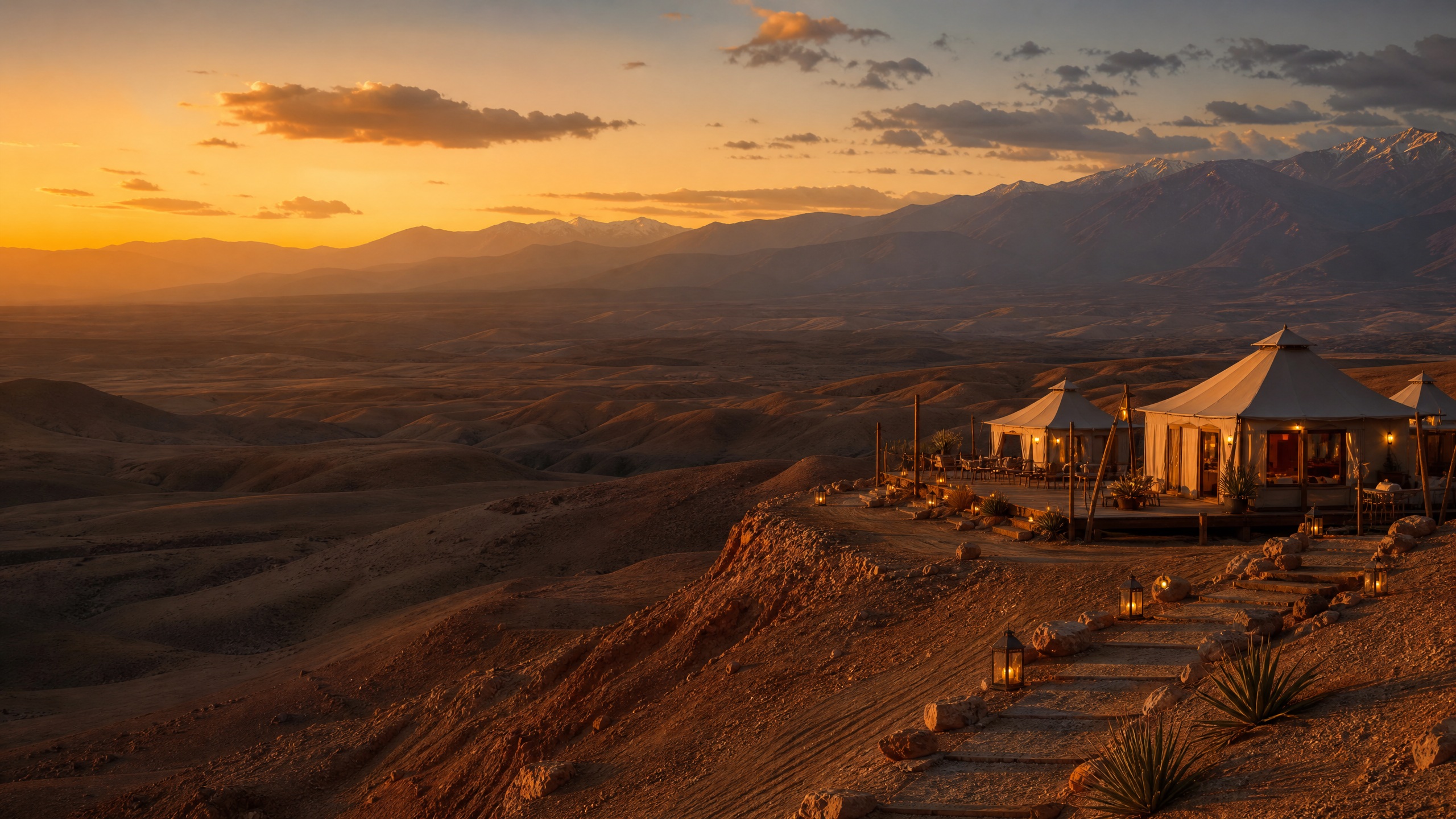 Désert d’Agafay au crépuscule avec camp de luxe et montagnes de l’Atlas