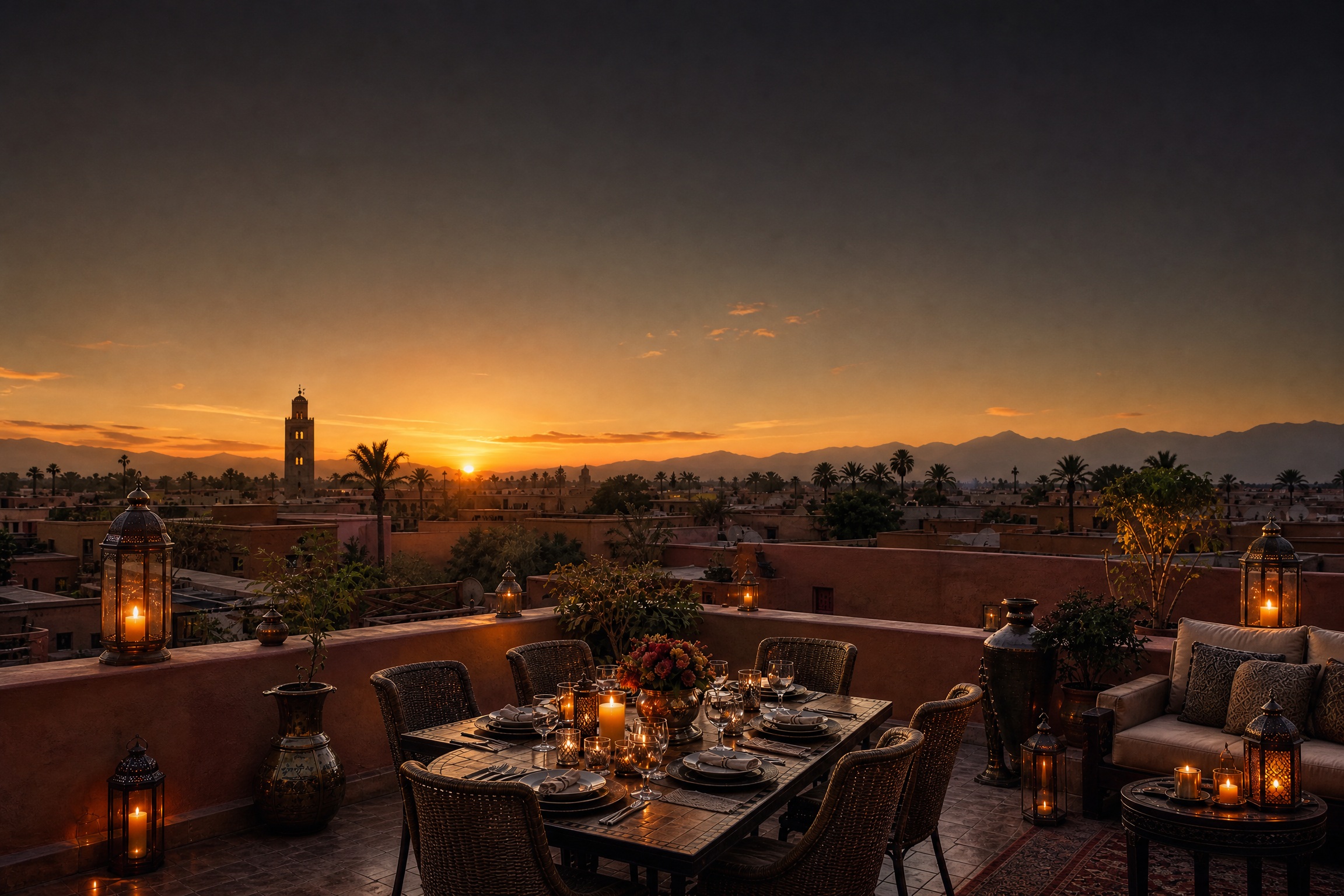 Marrakech au coucher du soleil, palmiers et montagnes de l’Atlas