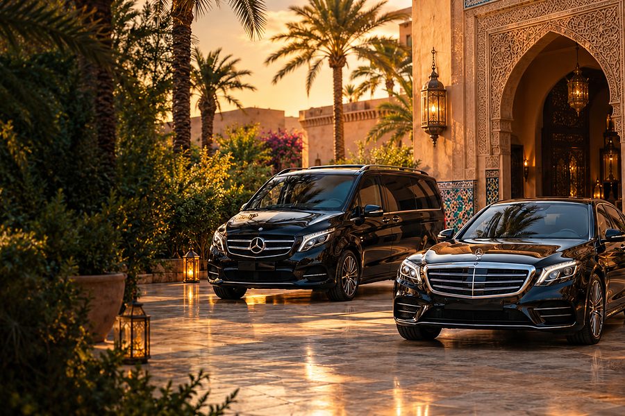 Van et berline Mercedes devant un palais marocain au coucher du soleil
