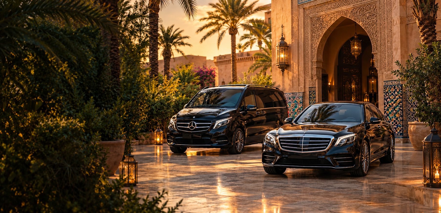 Van et berline Mercedes devant un palais marocain au coucher du soleil