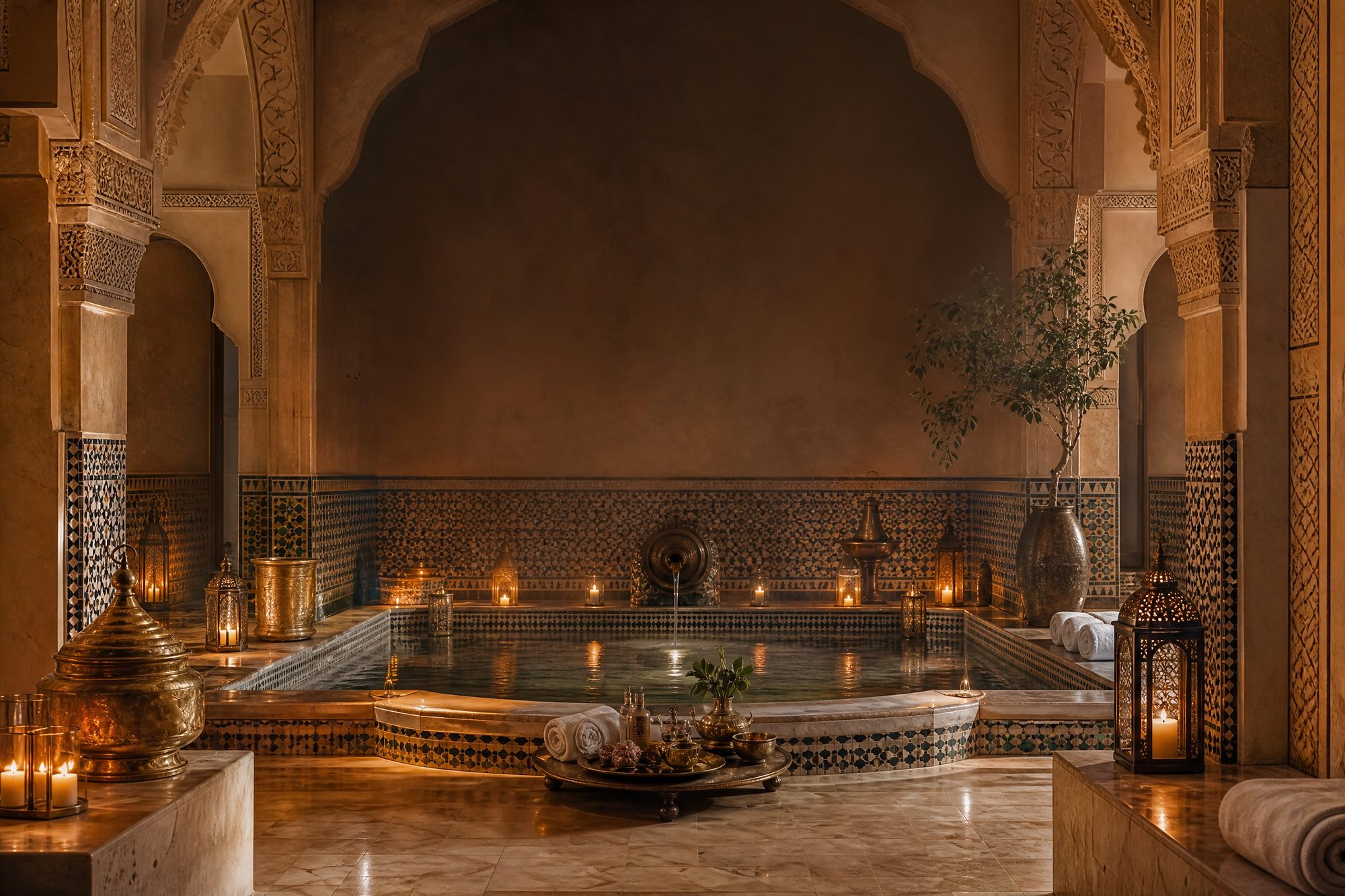 Hammam marocain traditionnel aux bougies, zelliges et bassin