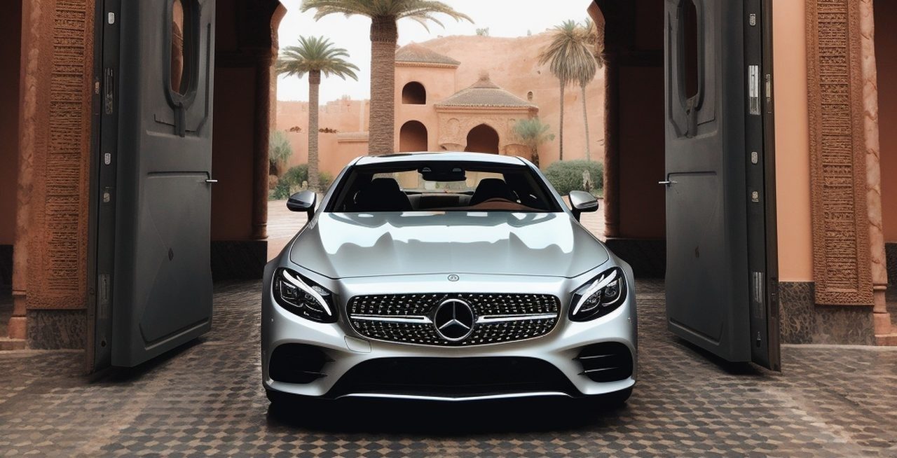 Mercedes argentée dans l’encadrement d’une porte à Marrakech