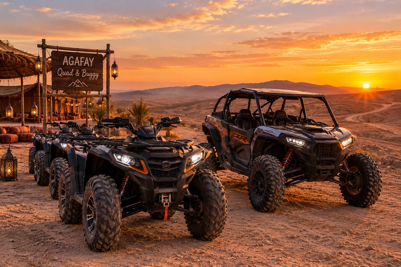 Quads et buggy au coucher du soleil devant le point de départ des excursions d’Agafay