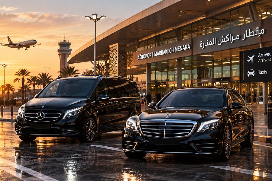 Van et berline Mercedes devant l’aéroport de Marrakech-Ménara au coucher du soleil