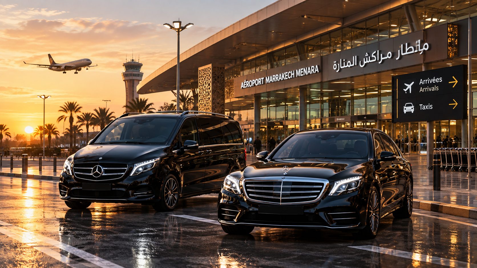 Van et berline Mercedes devant l’aéroport de Marrakech-Ménara au coucher du soleil