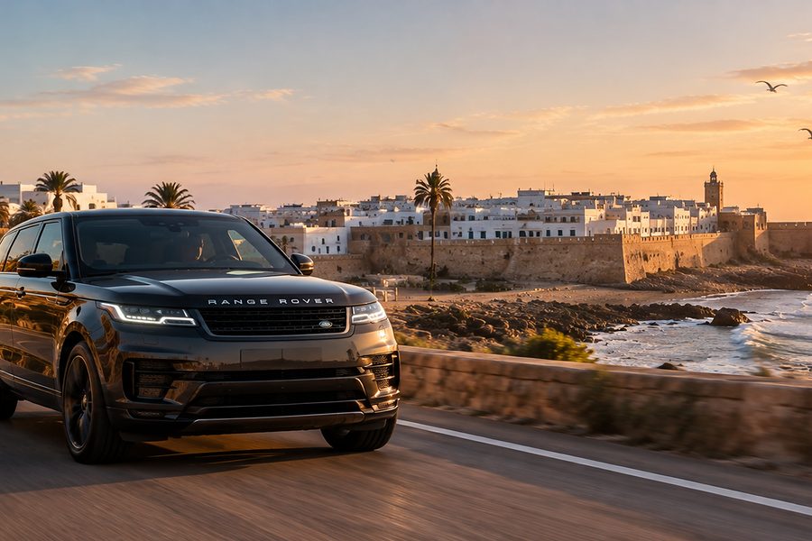 Range Rover sur la route côtière face aux remparts d’Essaouira au coucher du soleil