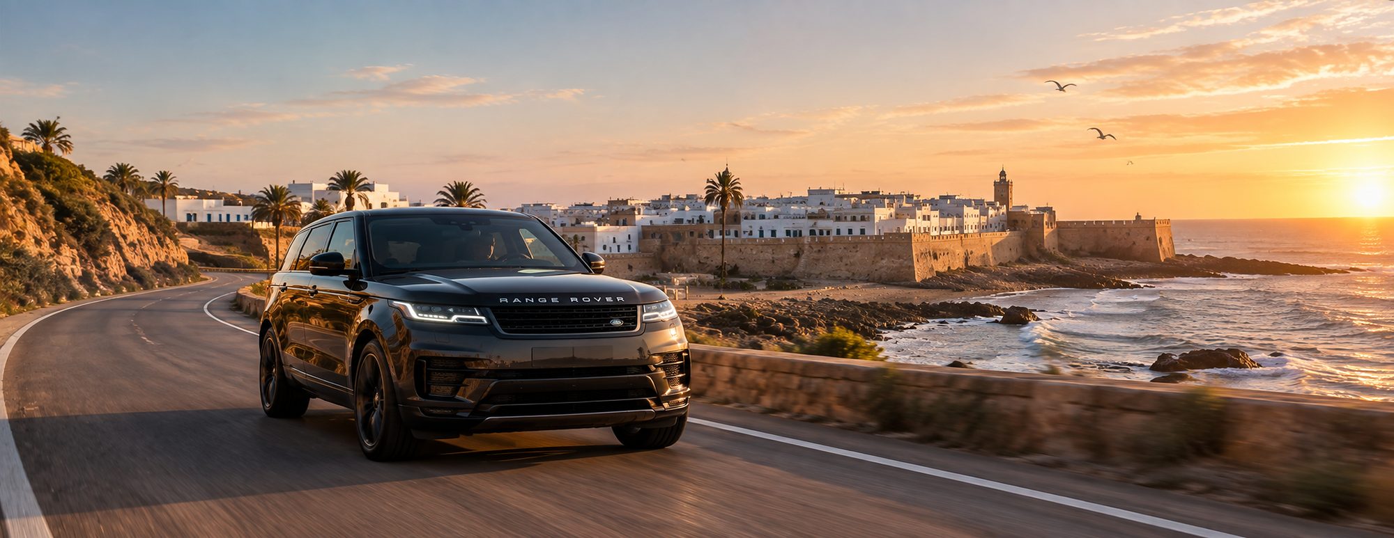 Range Rover on the coastal road facing the ramparts of Essaouira at sunset