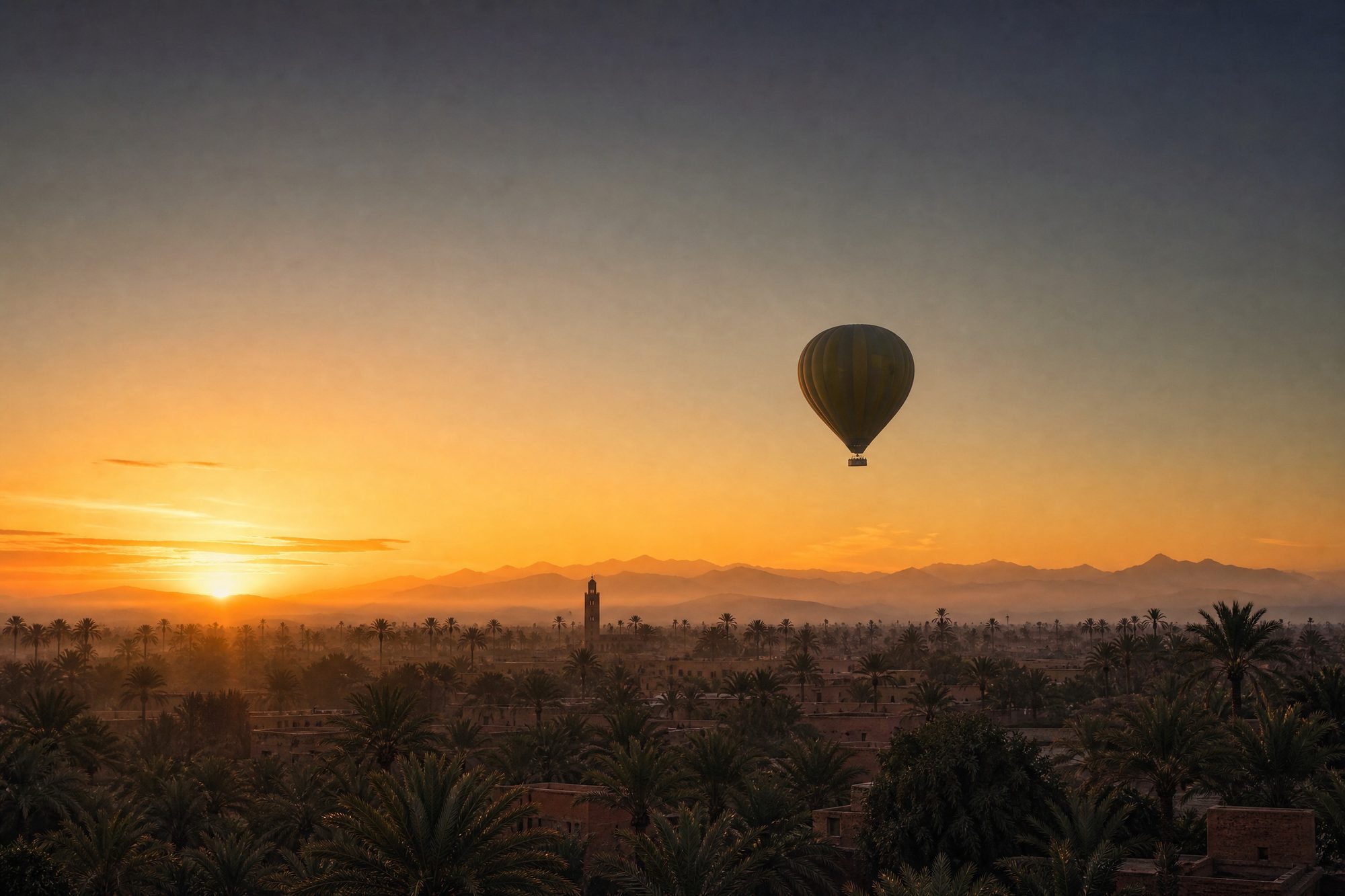 Montgolfière au lever du soleil au-dessus de la palmeraie de Marrakech